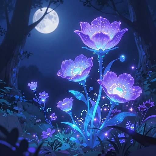 Digital artwork of glowing blue flowers under a full moon in a dark, enchanted forest, with sparkles and smaller luminescent flowers around.