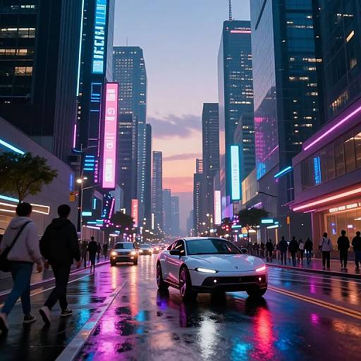 Photograph of a vibrant, neon-lit urban street at dusk, with a rain-soaked road reflecting colorful lights from tall skyscrapers and bill