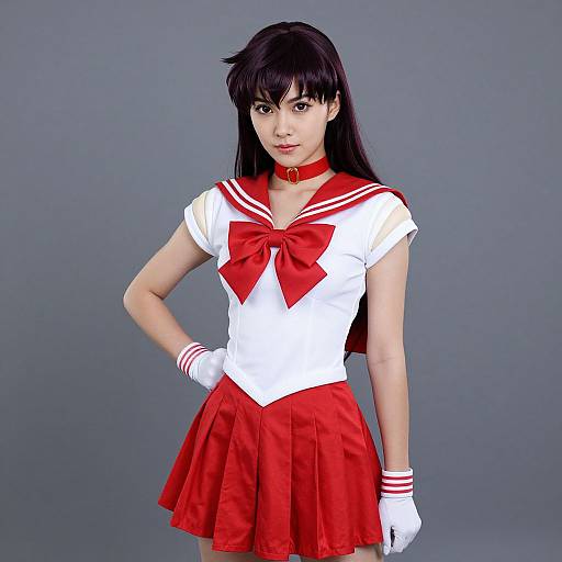 Photorealistic CGI of an Asian woman in a Sailor Moon cosplay outfit: white top, red bow, skirt, gloves, choker, and red