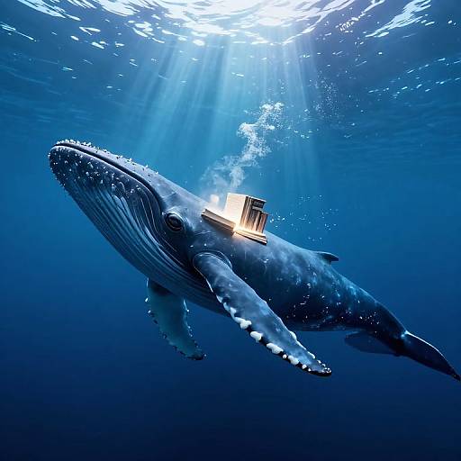 Photograph of a massive blue whale swimming underwater with sunlight piercing through, a small, glowing box floating on its back.