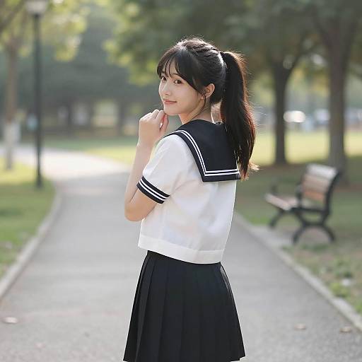 Young Asian Woman in Sailor School Uniform Outdoors