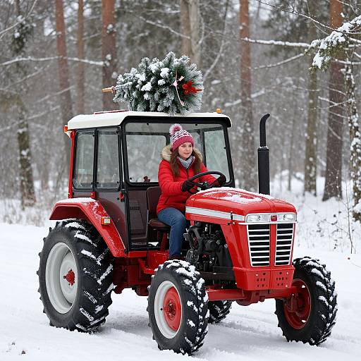 Photograph of a smiling woman in a red coat and knit hat driving a red tractor through a snowy forest, with a Christmas tree on top.