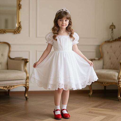 Photograph of a young girl with long brown hair wearing a white lace dress, red shoes, and a silver tiara, standing in an elegant,