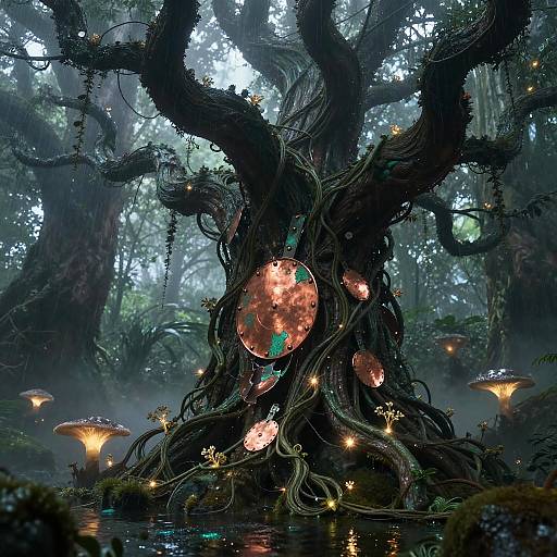 Bioluminescent Copper-Plated Tree Spirit in Enchanted Clearing