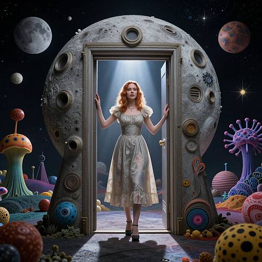 Digital art: Red-haired woman in a white, floral dress stands in a surreal, moon-doorway, surrounded by colorful alien landscapes and planets.