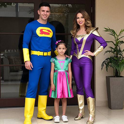 Photograph of a family in colorful superhero costumes: Superman, Wonder Woman, and a young girl as Cinderella, standing in front of a glass door
