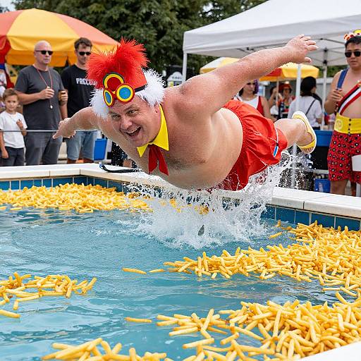 Smiling Man Diving into Fries Pool