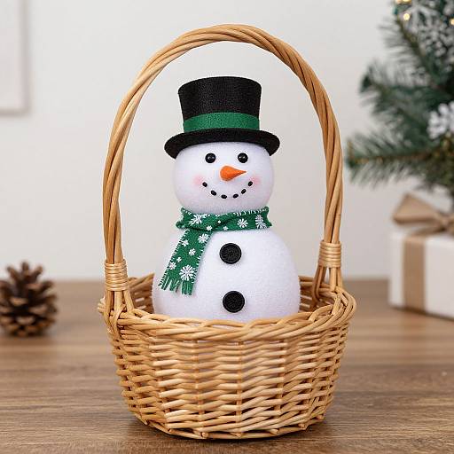 Photograph of a cute, handmade snowman in a wicker basket, wearing a black top hat and green scarf, with a wooden table and pine