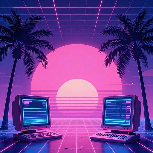 Neon sunset over palm trees, with two glowing, retro computers displaying code; vibrant pink and purple hues, grid pattern background. Digital art.