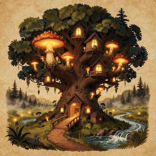 Anton Pieck Style Bioluminescent Tree Village