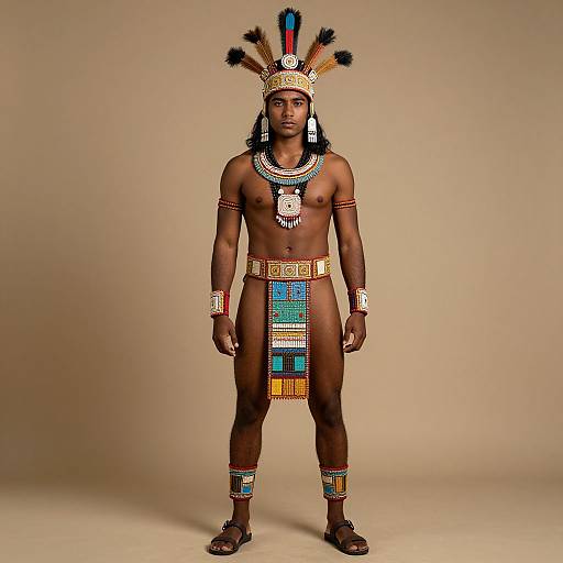 Photograph of a dark-skinned man in traditional Aztec-inspired headdress, necklace, arm bands, loincloth, and sandals, standing against