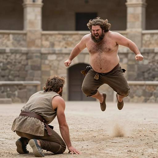 Medieval Peasant Jumping in Stone Arena
