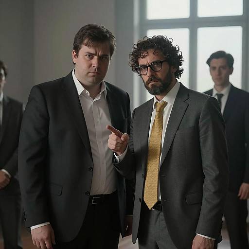 Serious Businessmen in Dimly Lit Room