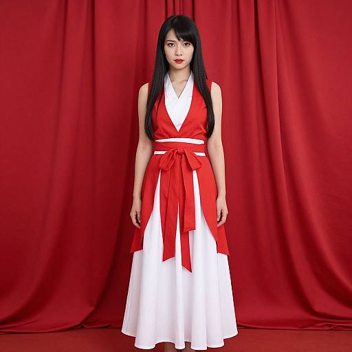 Asian woman with long black hair in red and white kimono-style dress, standing against red draped background, digital art.
