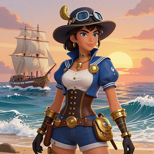 Digital art of a confident, blue-eyed, brown-skinned pirate woman in a blue hat with goggles, white blouse, blue jacket, and shorts,