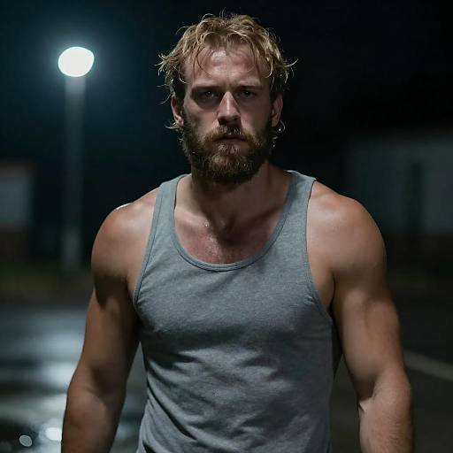 Brooding Muscular Man in Dim Light