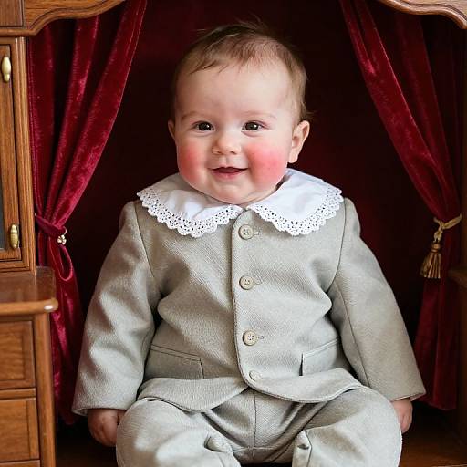 Photograph of a chubby-cheeked baby with light skin and brown hair, wearing a gray velvet suit with white lace collar, sitting between red velvet