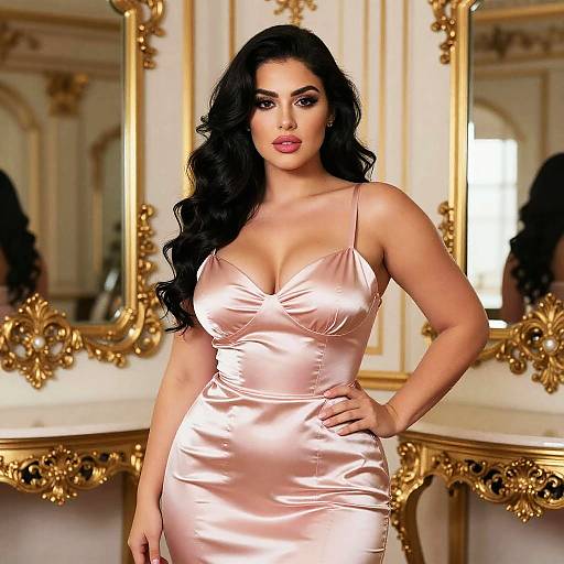 Photograph of a curvy woman with long black hair in a shiny, pink satin dress, standing confidently in an ornate, gold-framed mirror