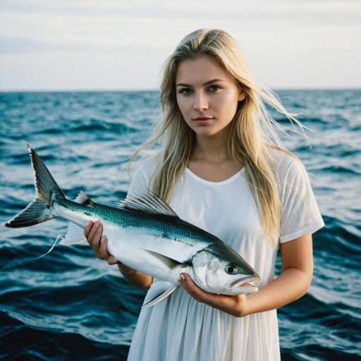 Young Woman Holding Fish by Ocean