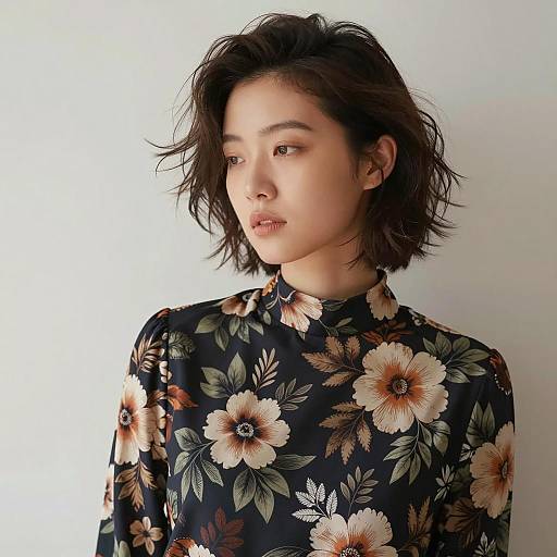 Asian Woman in Floral Print Blouse