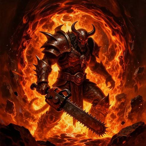 Digital artwork of a fierce, horned demonic warrior engulfed in fiery orange flames, wielding a spiked chainsaw, surrounded by intense, swirling fire.