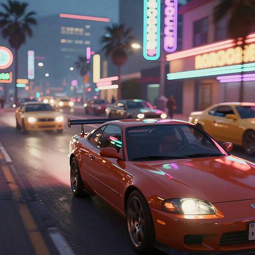 Photograph of a neon-lit urban street at dusk, featuring a red sports car with a rear spoiler, driving past brightly lit buildings and colorful neon
