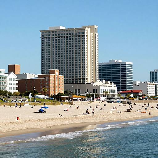 Photograph of a sunny beach with people sunbathing and swimming, surrounded by modern high-rise buildings and a clear blue sky.