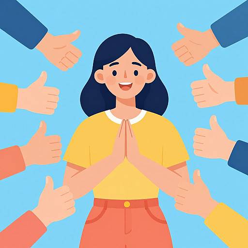 Digital illustration of a smiling woman with black hair, yellow shirt, and red pants, hands together in a gesture of gratitude, surrounded by multiple thumbs-up