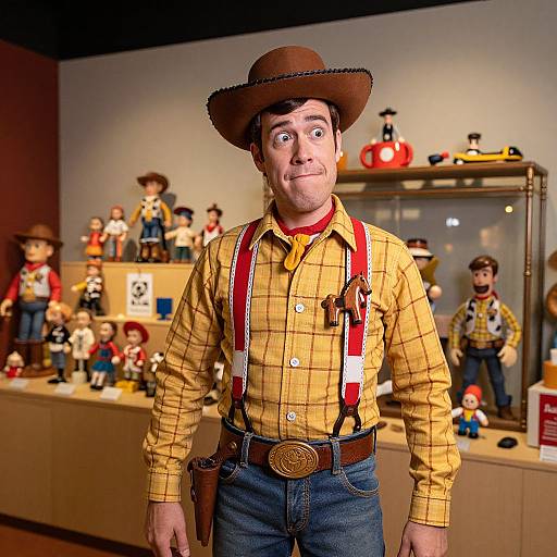 Man in Detailed Woody Costume at Toy Museum