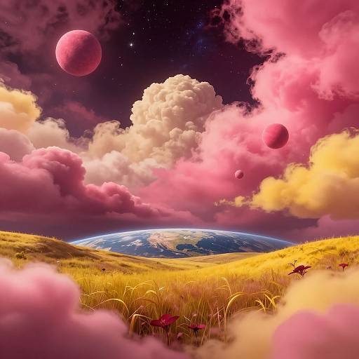 Digital artwork of a vivid, surreal landscape: pink and yellow clouds, red planets, Earth in the distance, golden grassy field.