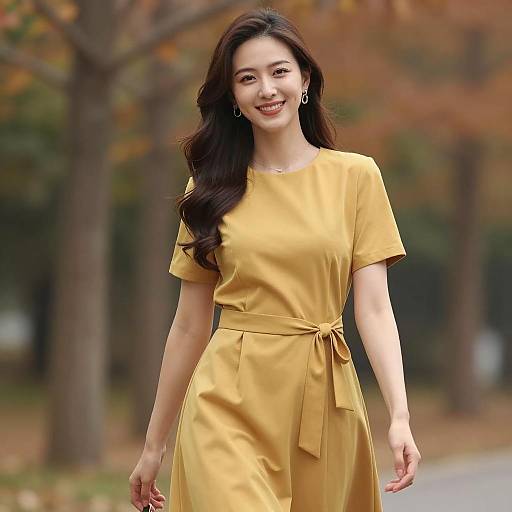Elegant Woman in Mustard Yellow Dress