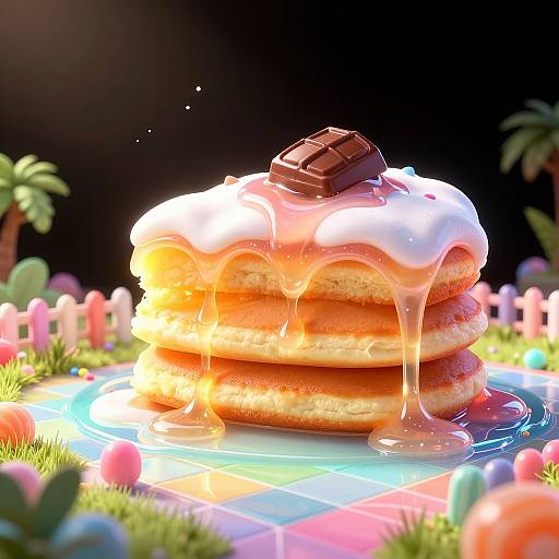 Digital art of a golden syrup-dripping stack of pancakes topped with a chocolate square, glowing on a glowing plate, surrounded by colorful flowers and a