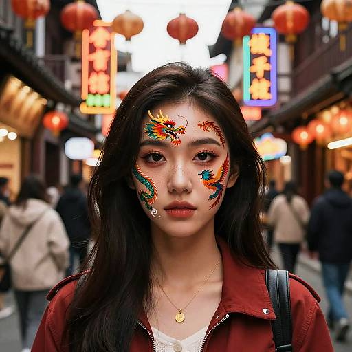Photograph of an East Asian woman with long black hair, red face paint of colorful dragon designs, standing in a neon-lit, busy Asian street