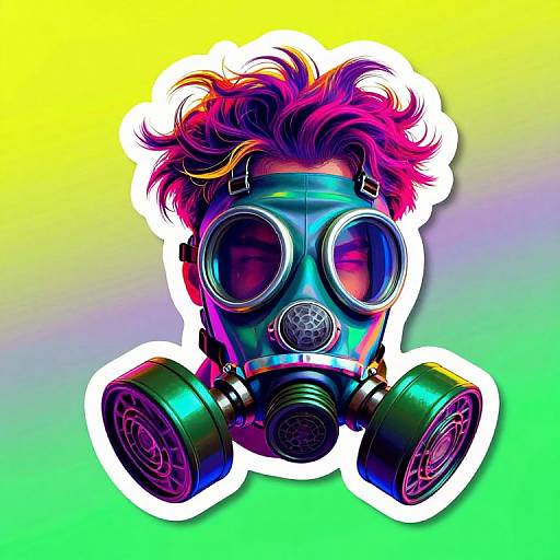 Digital art of a colorful, neon gas mask with wild, pink and purple hair against a gradient yellow-to-green background.