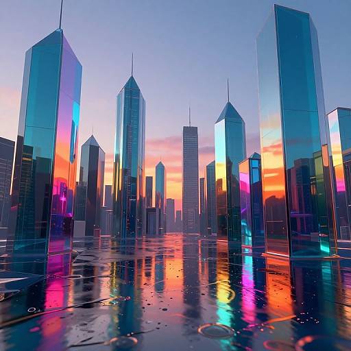 Digital art of a futuristic cityscape at sunset, featuring tall, reflective skyscrapers with vibrant neon colors, wet, glossy ground.