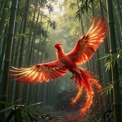 Fiery Phoenix Soaring Over Bamboo Forest