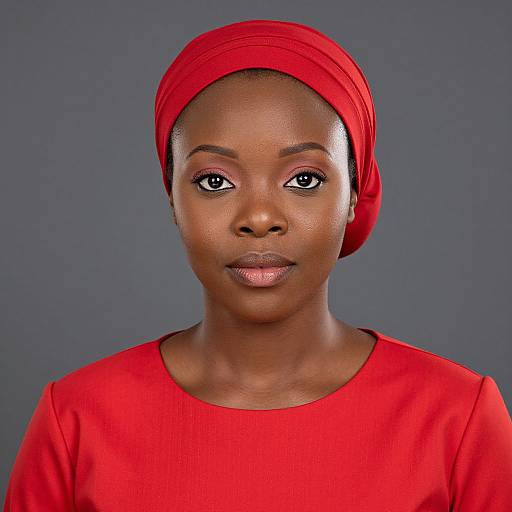 Photograph of a dark-skinned woman with a bright red headscarf and matching red top, against a plain gray background.