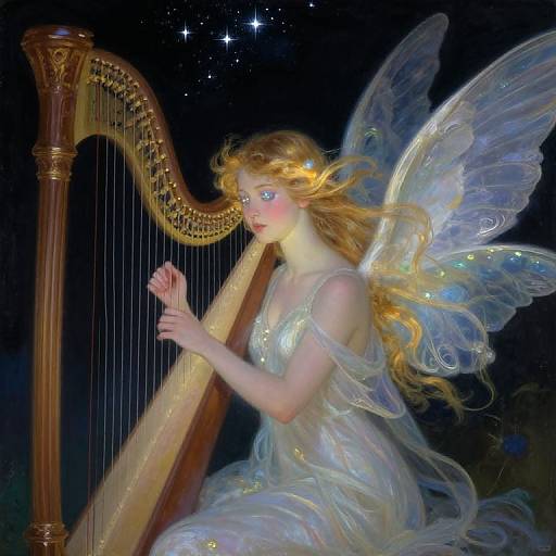 Digital painting of a fair-skinned, ethereal angel with long blonde hair, translucent wings, and glowing blue eyes, playing a golden harp against