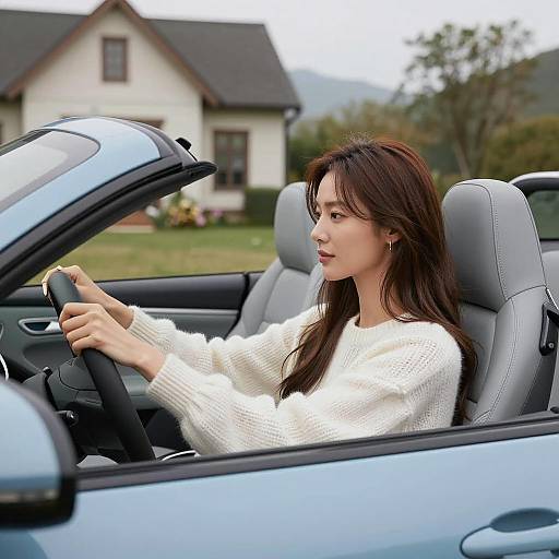 Woman Driving Blue Convertible Car