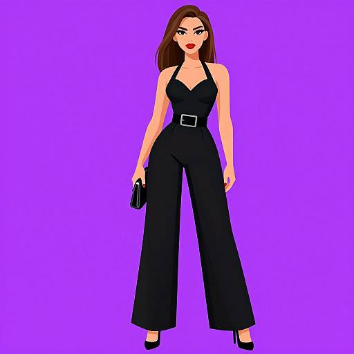 Digital drawing of a confident woman with long brown hair, wearing a black halter jumpsuit, black belt, and holding a black clutch, against a