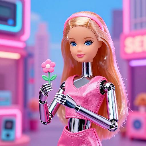Digital CGI of a blonde, blue-eyed doll with metallic arms and legs, wearing a pink dress, holding a pink flower in a neon-lit city