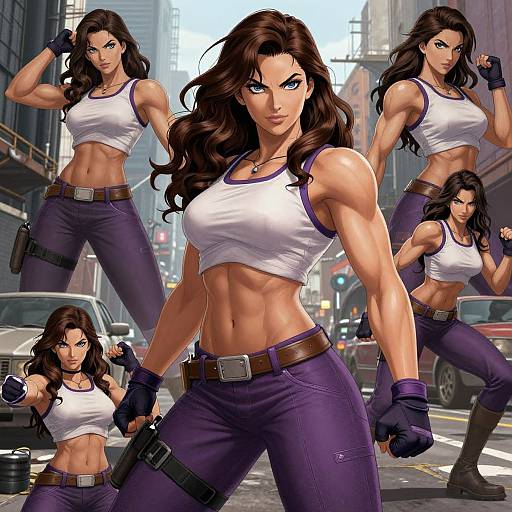 Digital art of a muscular, brown-haired woman with blue eyes, wearing a white tank top, purple pants, and gloves, posing confidently in a busy