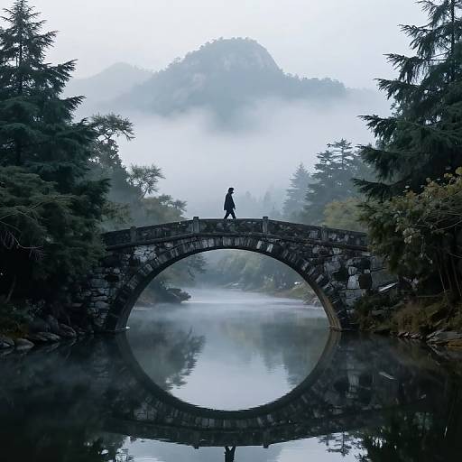 Photograph of a lone figure standing on a stone arch bridge, reflecting in a misty, tranquil lake, surrounded by dense, foggy evergreen