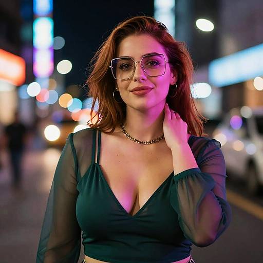 Photograph of a smiling woman with brown hair, glasses, and a sheer black top, standing on a neon-lit city street at night.