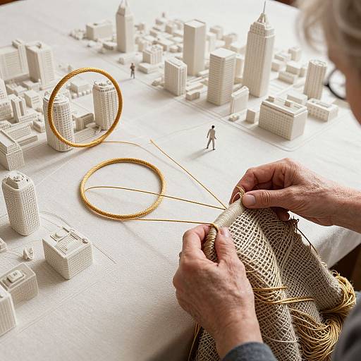 Photograph of an artist's hands weaving gold wire into a large circular design on a white cityscape model with skyscrapers.