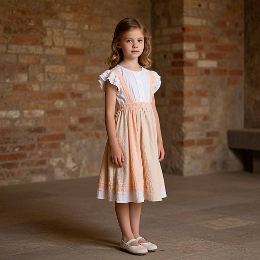 Photograph of a young girl with light brown hair in a white and peach dress, standing in an old brick-walled room.