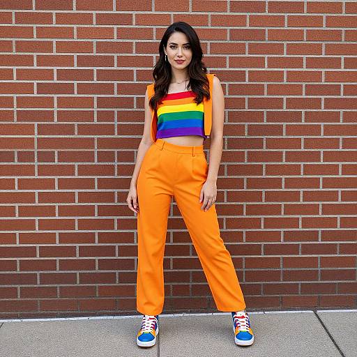 Photograph of a young woman with long black hair, wearing a rainbow crop top, bright orange high-waisted pants, and blue sneakers, standing