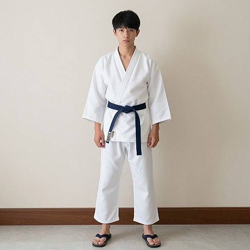 Photograph of an Asian boy with short black hair, wearing a white karate gi with a black belt, standing against a plain white wall, wearing