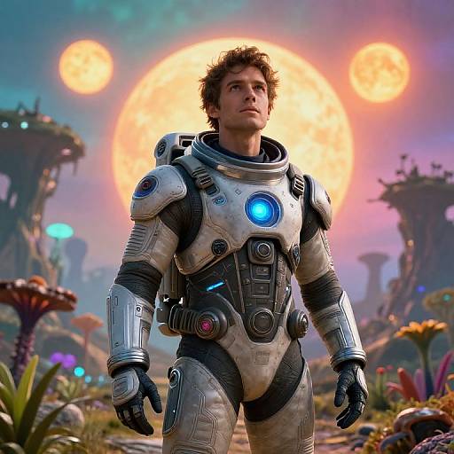 CGI image of a young man in futuristic white and silver space armor with blue glowing chest panel, standing in a vibrant, alien landscape with glowing sun