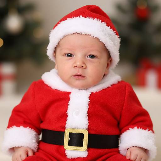 Photograph of a baby in a red Santa outfit with white trim, black belt, and gold buckle, seated against a blurred Christmas background.